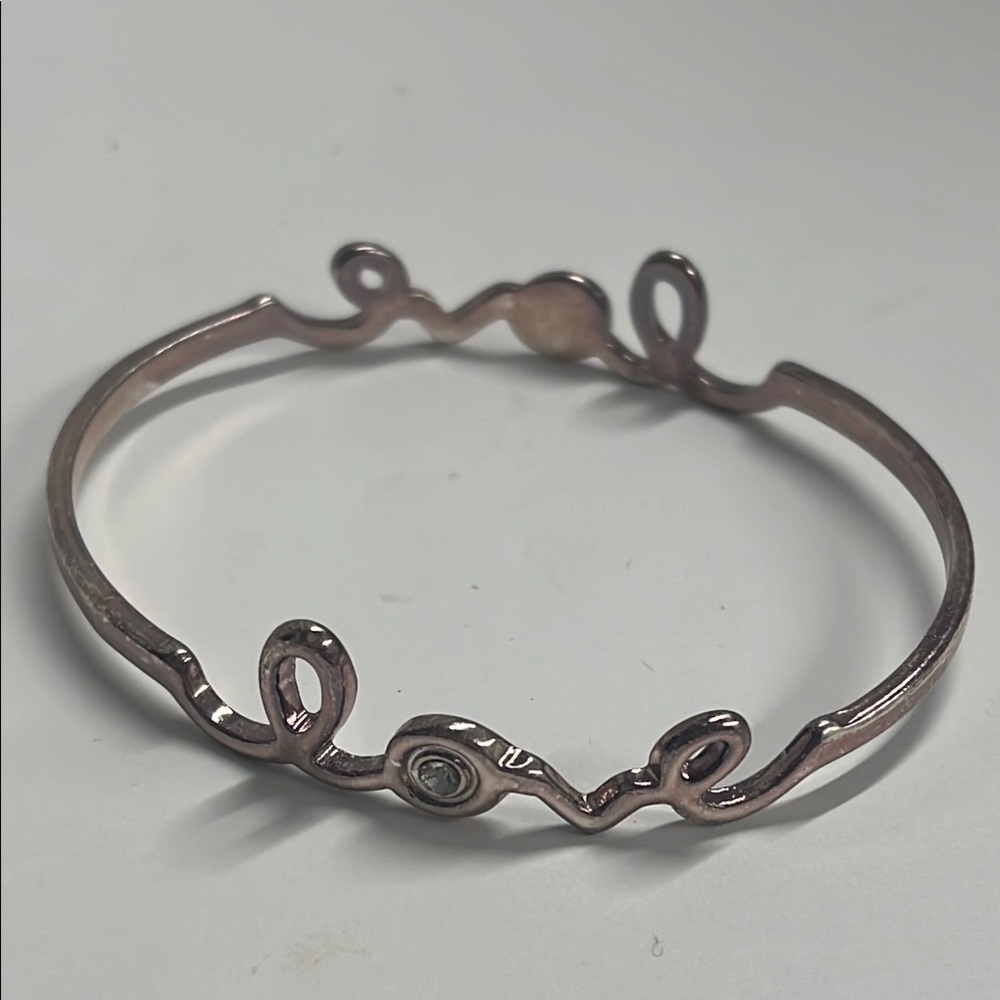 Copper Silvertone Overlay Distressed Love Bangle Bracelet w/Two Cubic Zirconia